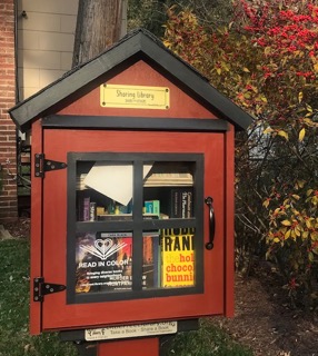 A red little free library sits in front of a brick house. Through it's window you can see it's completely full of books.
