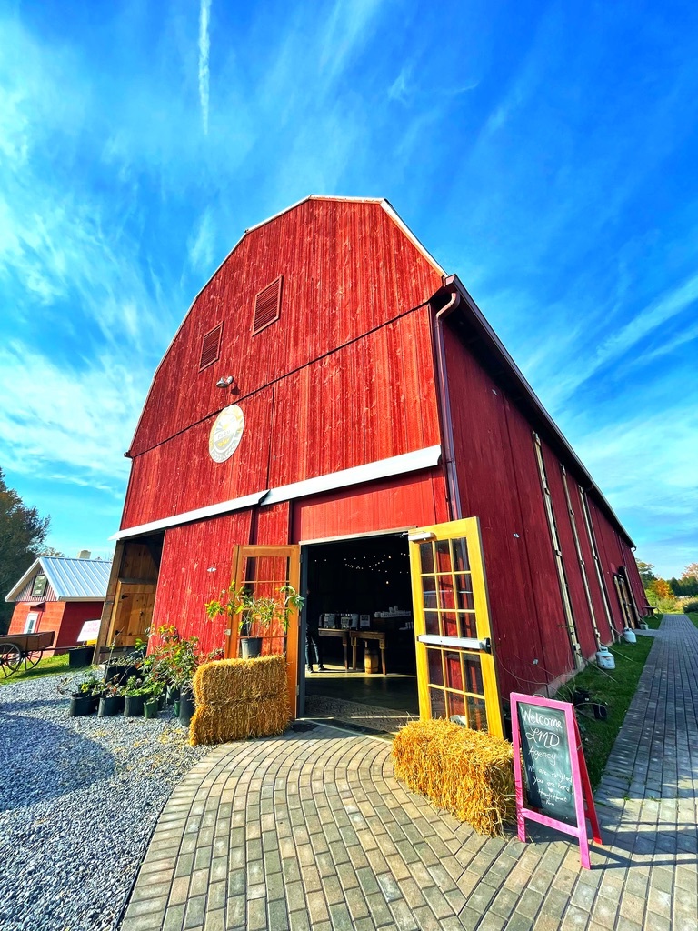 A barn in the warm sun welcomes everyone inside. Around it are hay bales and potted plants.